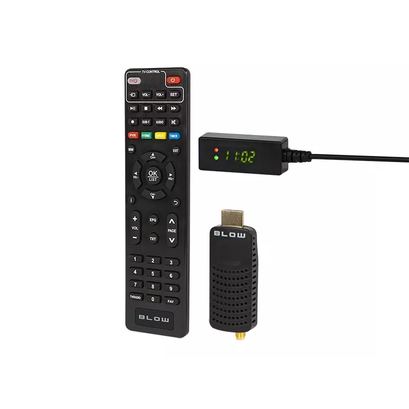 DVB-T2 imtuvas BLOW 7000FHD MINI H.265 — kompaktiškas antžeminės televizijos priedėlis, HDMI, USB, S/PDIF, garso L/R, teletekstas