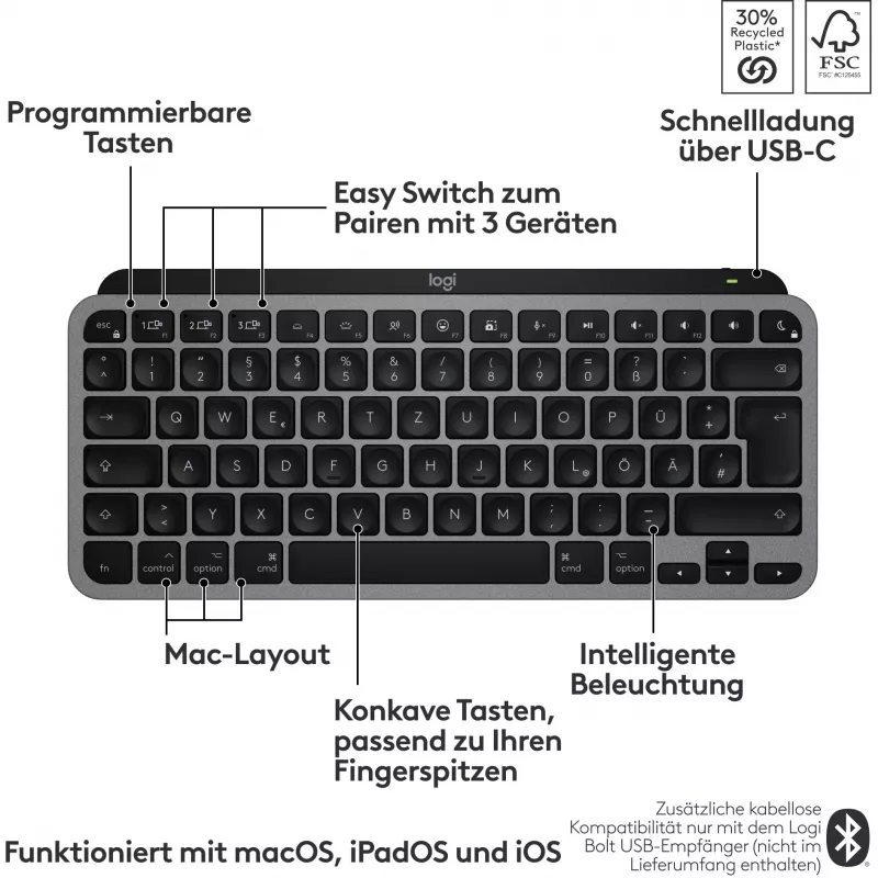 Klaviatūra Logitech MX Keys Mini, skirta Mac, QWERTZ vokiškas išdėstymas, juoda pilka