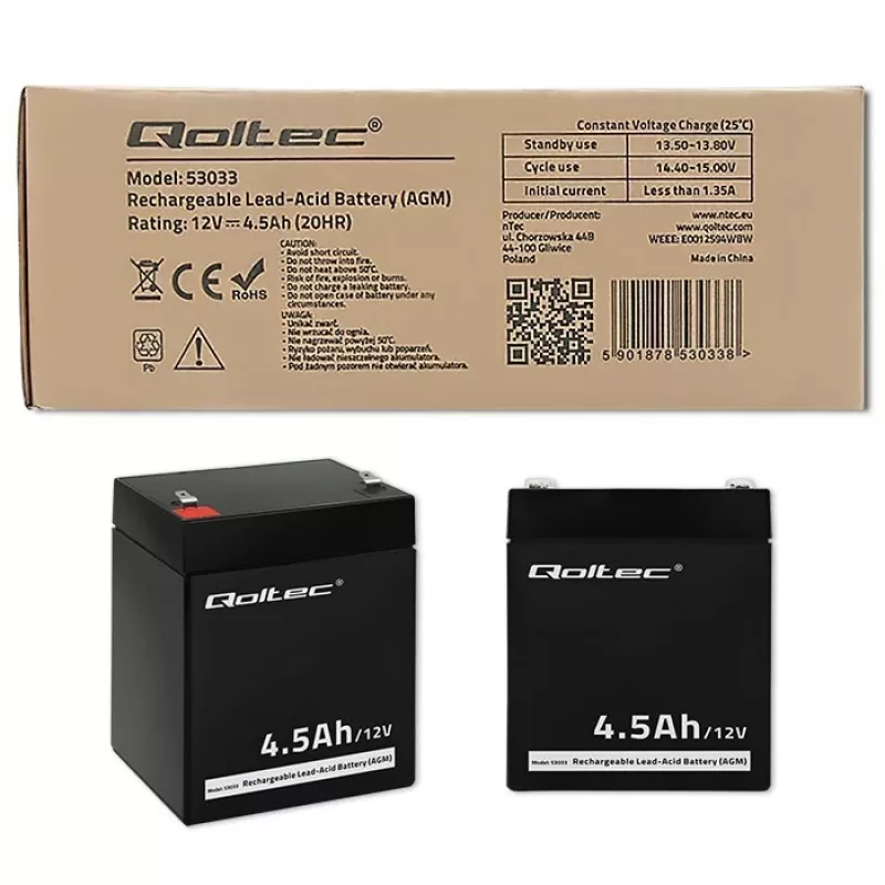 AGM baterija Qoltec 53033 4.5 Ah 15 V 65.5 A Motociklas