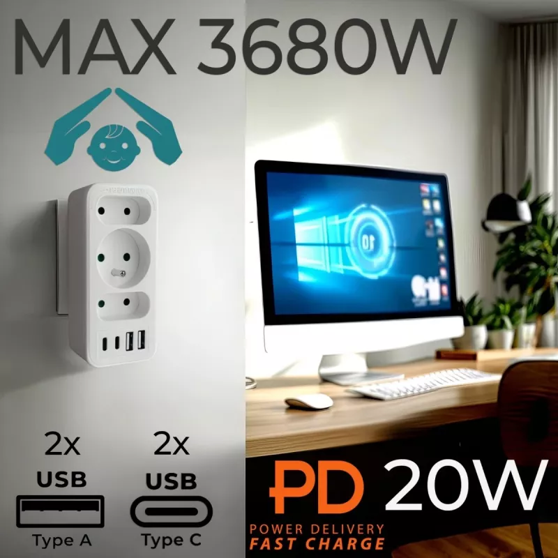 Maitinimo skirstytuvas MACLEAN MCE248 F/W — 3 kintamosios srovės lizdai (1×16A, 2×6A) + 4×USB (2×A, 2×C PD 20W), EU kištukas, baltas