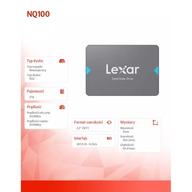 2,5 col. SATA III SSD Lexar NQ100 1 TB — 550 MB/s skaitymas, 6 Gbit/s perdavimas