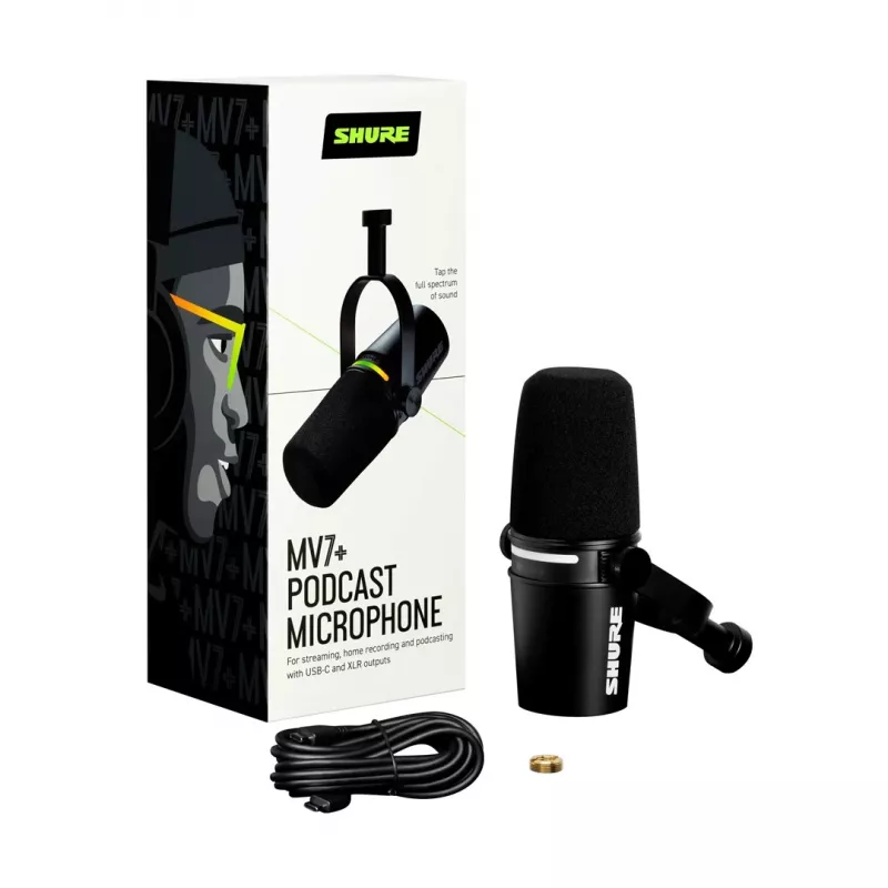 Shure MV7+-K - Paskaitų/vokalo mikrofonas su XLR/USB-C jungtimi, juodas