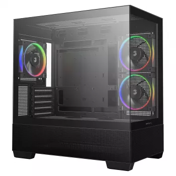 PC Midi Tower DeepCool CG380 3F — juoda, 235×437×451 mm, palaiko 2×120 mm šoninius + 1×120 mm galinį ventiliatorius, apatinis maitinimo blokas, 2,5 colio/3,5 colio HDD