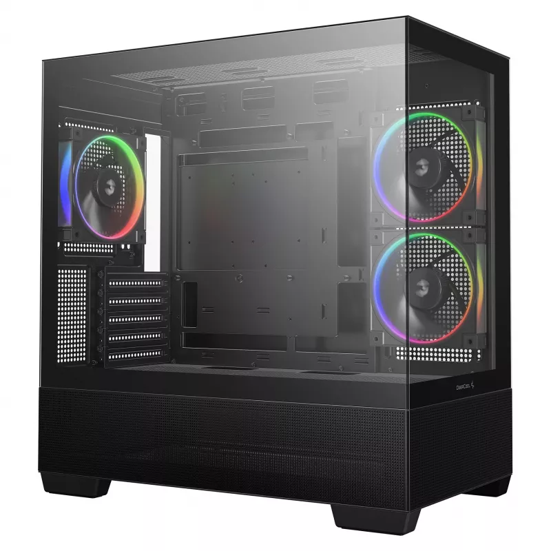 PC Midi Tower DeepCool CG380 3F — juoda, 235×437×451 mm, palaiko 2×120 mm šoninius + 1×120 mm galinį ventiliatorius, apatinis maitinimo blokas, 2,5 colio/3,5 colio HDD