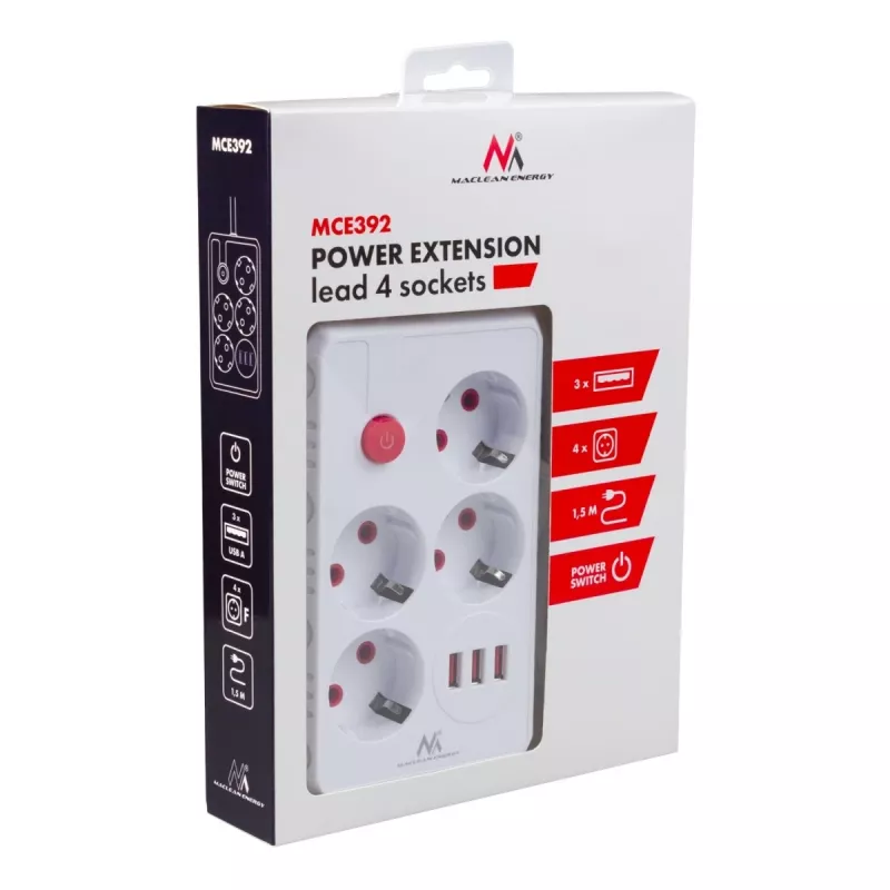 Maitinimo lizdas MACLEAN MCE392 W — 4 F tipo lizdai, 3×USB A, 110–240 V, 2.1 A maks., 2500 W, 1,5 m kabelis, baltas