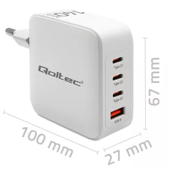 Įkroviklis QOLTEC 51828 140W GaN 3×USB‑C PD + 1×USB‑A QC 3.0 – kelių prievadų greitasis įkroviklis