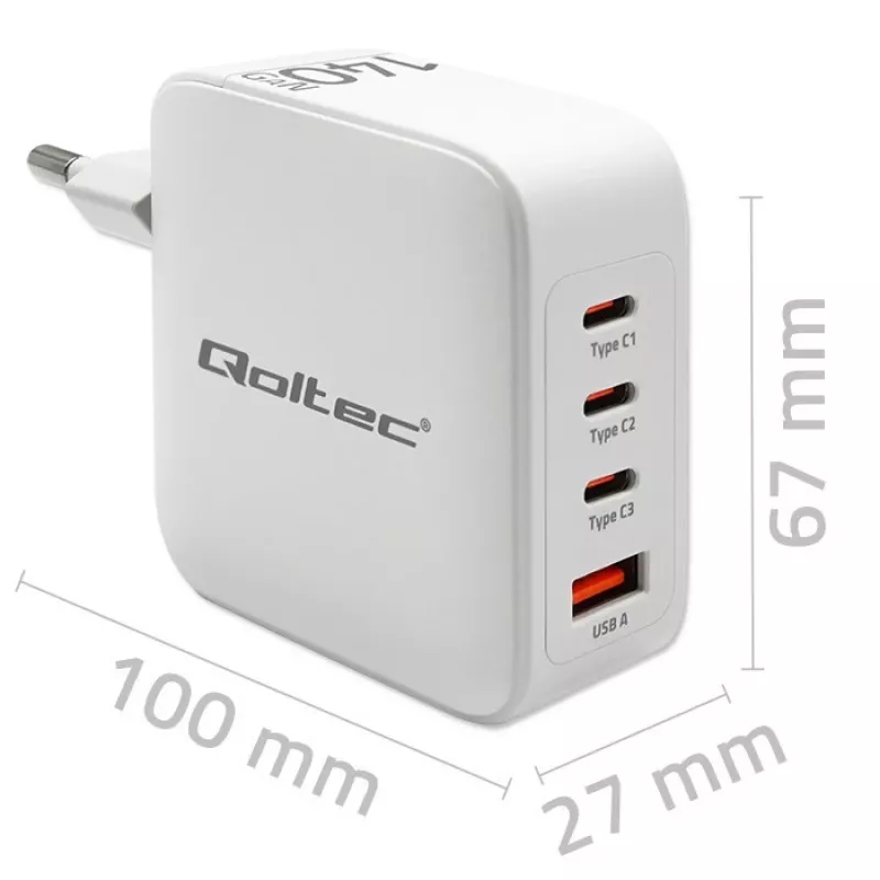 Įkroviklis QOLTEC 51828 140W GaN 3×USB‑C PD + 1×USB‑A QC 3.0 – kelių prievadų greitasis įkroviklis
