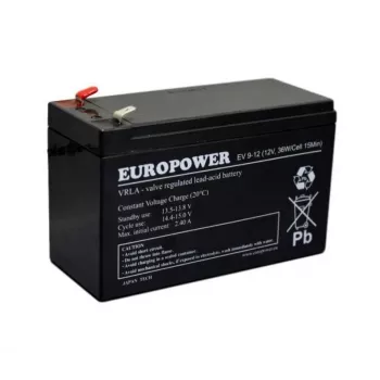 Švino rūgšties sandarus akumuliatorius europower EV 12-9 — 12 V 9 Ah UPS ir atsarginiam maitinimui