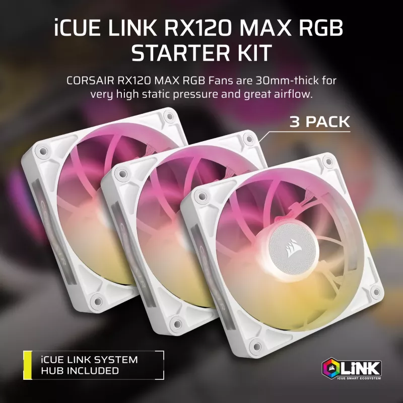 Ventiliatorius Corsair iCUE LINK RX120 MAX RGB 12 cm Baltas 3 vnt. 400-2000 RPM