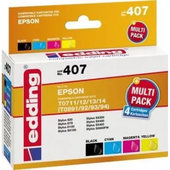 „edding“ spausdintuvo kasetės EDD-407 juoda, žalsvai mėlyna, rausvai raudona, geltona, suderinamos su EPSON T0715, 4 vnt. rinkinys