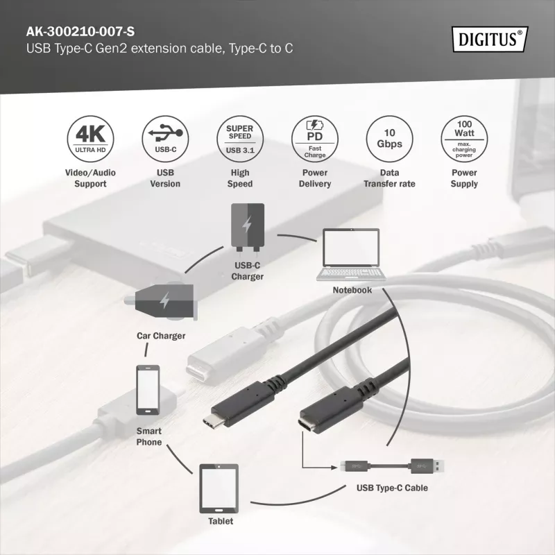 USB Type-C ilginamasis laidas Digitus AK-300210-007-S 0,7 m