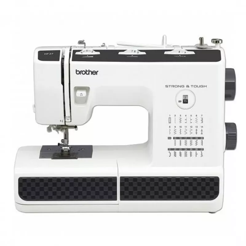 Siuvimo mašina Brother HF-27 — 27 integruoti dygsniai, dygsnio plotis 6,5 mm, dygsnio ilgis 4 mm, laisva rankovė, automatinis adatos vertiklis