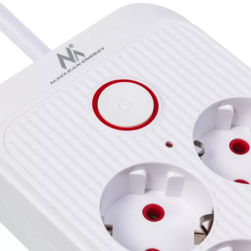 Maitinimo lizdų blokas MACLEAN MCE389 W — 6 lizdai, 4×USB-A, 1×USB-C, 2500 W, 110–240 V, 1,5 m laidas, baltas