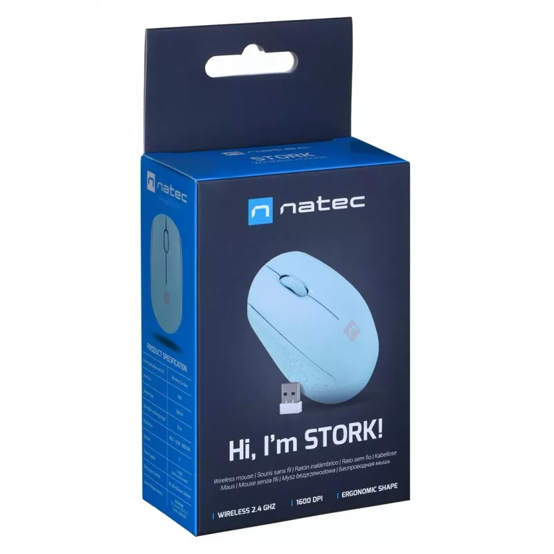 Belaidė abiem rankoms tinkama pelė NATEC STORK — Bluetooth + USB Type-A, 1600 DPI, 3 mygtukai, šviesiai mėlyna