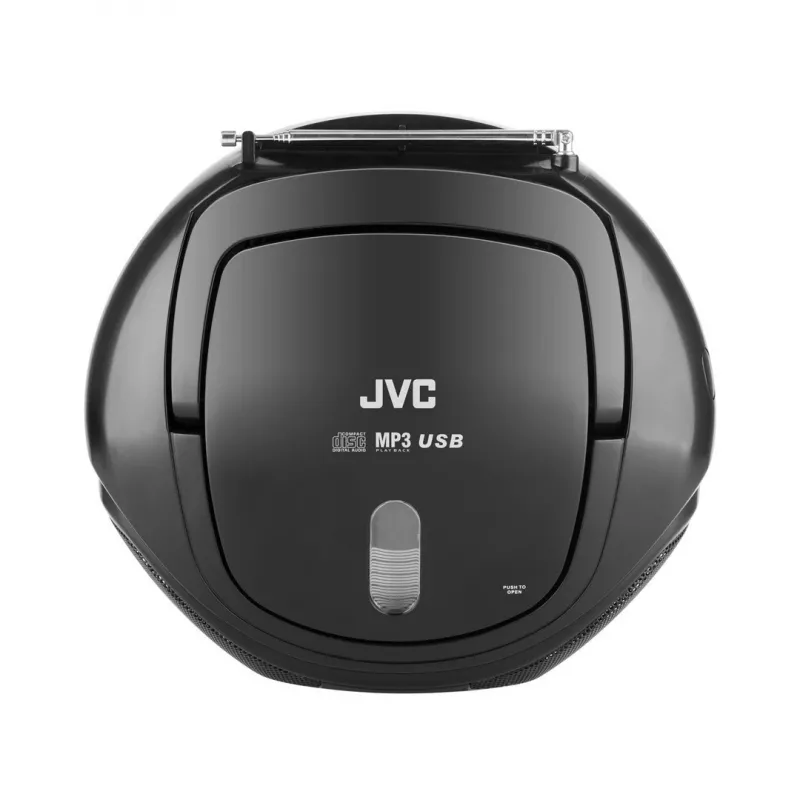 Nešiojamasis CD grotuvas JVC RD‑E221B — juodas, CD/MP3, kasetinis denis, USB atkūrimas, FM radijas, AUX, maitinamas iš tinklo / baterijų