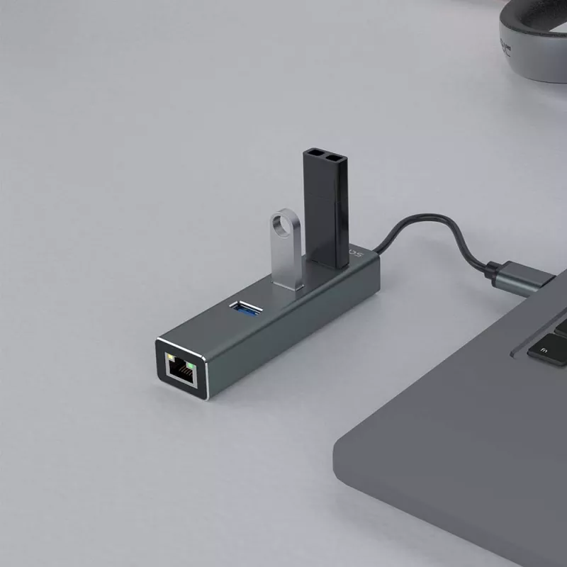 SAVIO USB-A šakotuvas su RJ-45 Gigabit Ethernet AK-57 — 3× USB-A + RJ-45, USB 3.2 Gen 1 Micro‑B prieglobos prievadas, 5 Gbit/s, 4 prievadai, pilkas