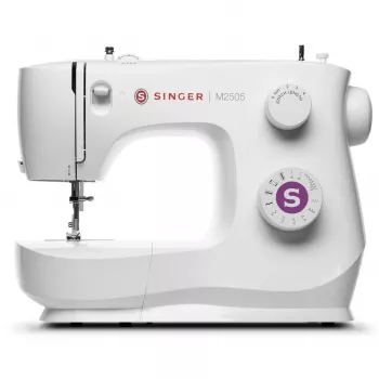 SINGER mechaninė siuvimo mašina M2505 — 10 dygsnių, automatinis sagos skylutės režimas, laisvoji rankovė, balta
