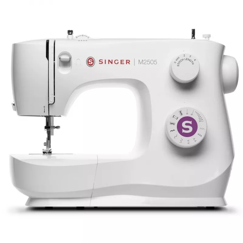 SINGER mechaninė siuvimo mašina M2505 — 10 dygsnių, automatinis sagos skylutės režimas, laisvoji rankovė, balta