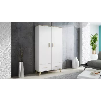 Drabužių spinta cama meble LOTTA 2D2D, 2 durys, Sonoma ąžuolo rėmas su baltomis priekinėmis dalimis, 1100×550×1900 mm