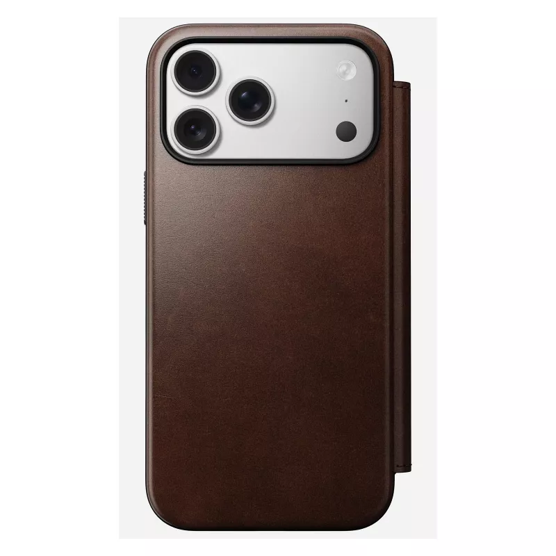 Nomad Modern Leather Folio mobiliojo telefono dėklas iPhone 17 Pro Max — ruda, oda, 6,3 colio ekranas, 4 kortelių kišenės