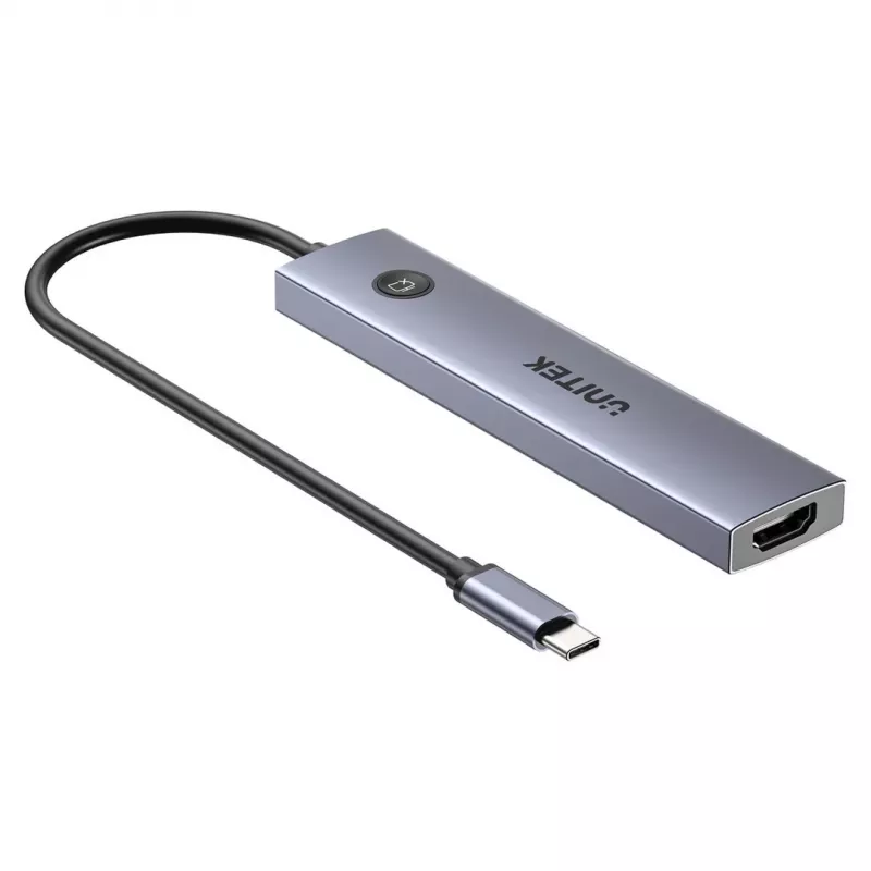 USB-C šakotuvas Unitek H1124AGY01 su 100W PD, HDMI 2.0, 2x USB‑A, 2x USB‑C, SD/microSD skaitytuvu — aliuminis