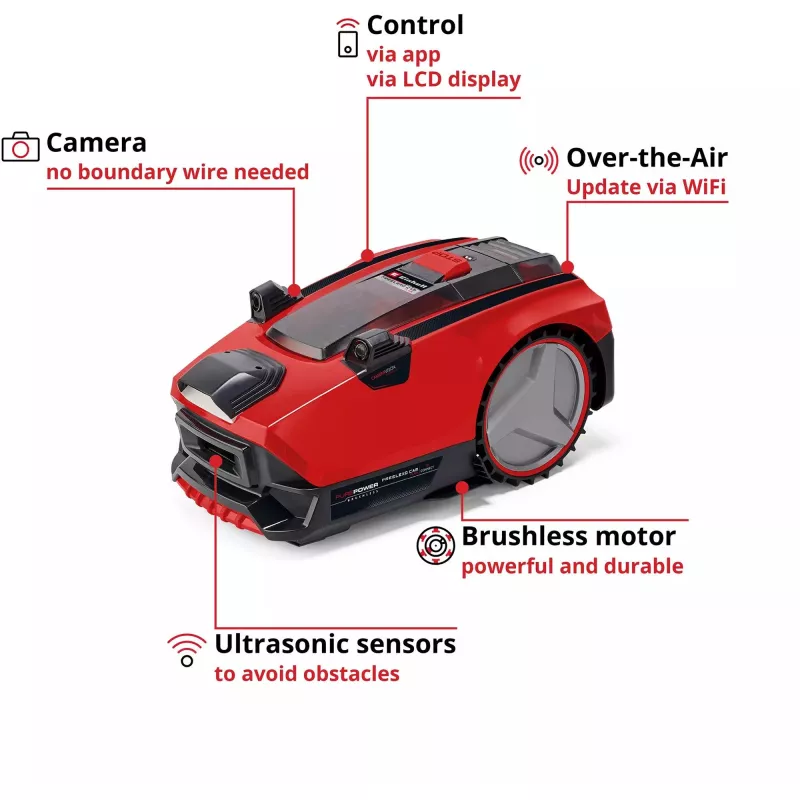 Power X-Change Robot Mower FREELEXO CAM PLUS 600 (raudona/juoda, Li-Ion Battery Plus 4,0Ah, kamera + jutiklis)
