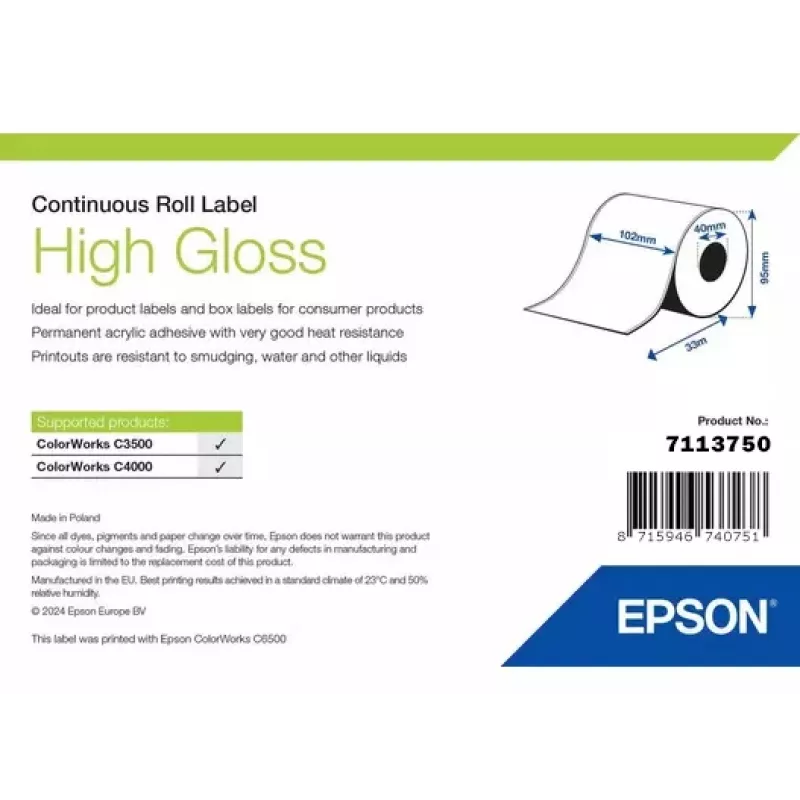 Etikečių ritinėlis Epson 7113750 High Gloss, 102 mm pločio x 33 000 mm ilgio