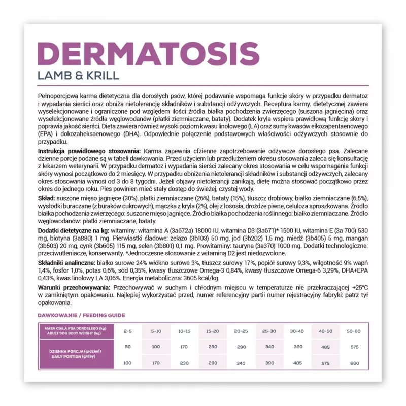 Sausas šunų maistas VETEXPERT Veterinary Diet Dermatosis Lamb & Krill, 2 kg, suaugę šunys, baltymai 24%, riebalai 17%