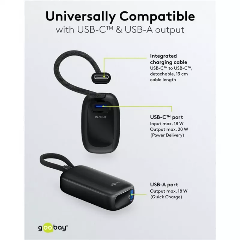 5 000 mAh maitinimo baterija, integruotas USB-C laidas 13 cm, 20 vatų (juoda, 5 Ah, 1x USB-A, 1x USB-C, PD, QC)