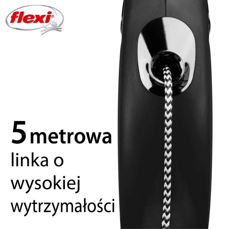 Ištraukiamas pavadėlis Flexi Classic 5 m juodas vidutinio dydžio šunims, virvutė, maks. apkrova 20 kg, šviesą atspindintys elementai
