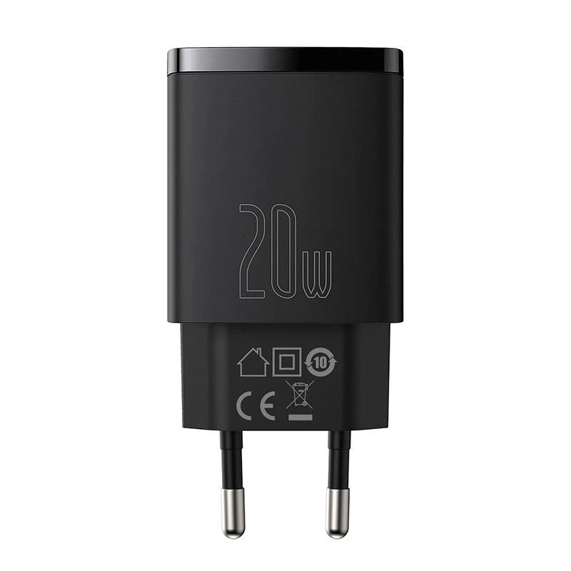 Vidinis USB greitasis įkroviklis Baseus CCXJ-B01 – 2 prievadai (USB-C PD 20W + USB-A QC3.0 18W), 100–240 V, juodas