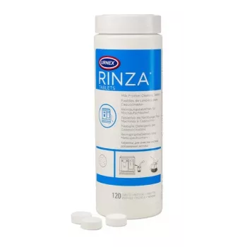 Valymo tabletės URNEX Rinza M61 — 120 vnt., pieno putotuvams valyti, baltos, 480 g pakuotė