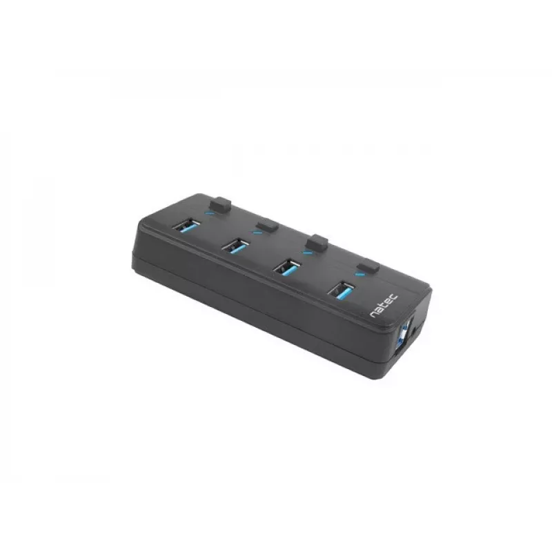 USB šakotuvas NATEC MANTIS USB 2.0 Type-B — 4x USB 3.2 Gen 1 Type-A prievadai, juodas, 0.8 m laidas, kintamosios srovės adapteris, maitinimo jungiklis