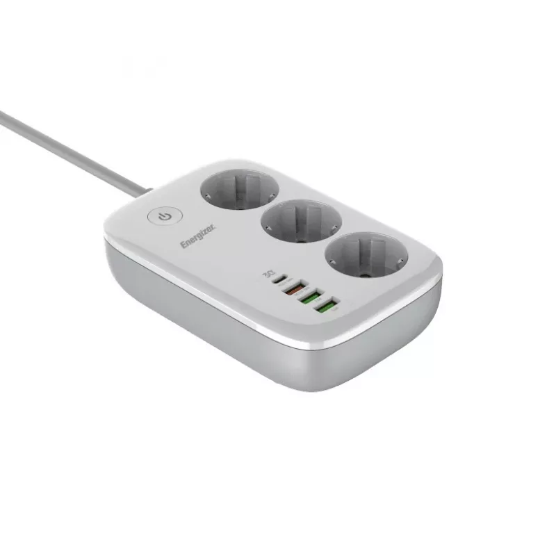 Maitinimo ilgintuvas Energizer EPB2500W02EU — 3 kintamosios srovės lizdai, 2 m laidas, 2500 W, vidaus, baltas