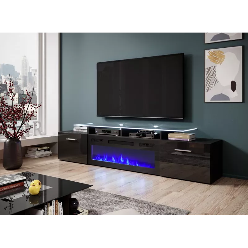 TV spintelė Cama Meble ROVA su elektriniu židiniu, 190x37x48 cm, juoda/juodai blizgi