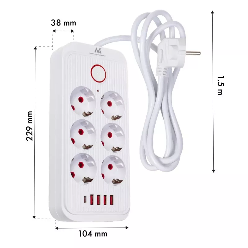 Maitinimo lizdų blokas MACLEAN MCE389 W — 6 lizdai, 4×USB-A, 1×USB-C, 2500 W, 110–240 V, 1,5 m laidas, baltas