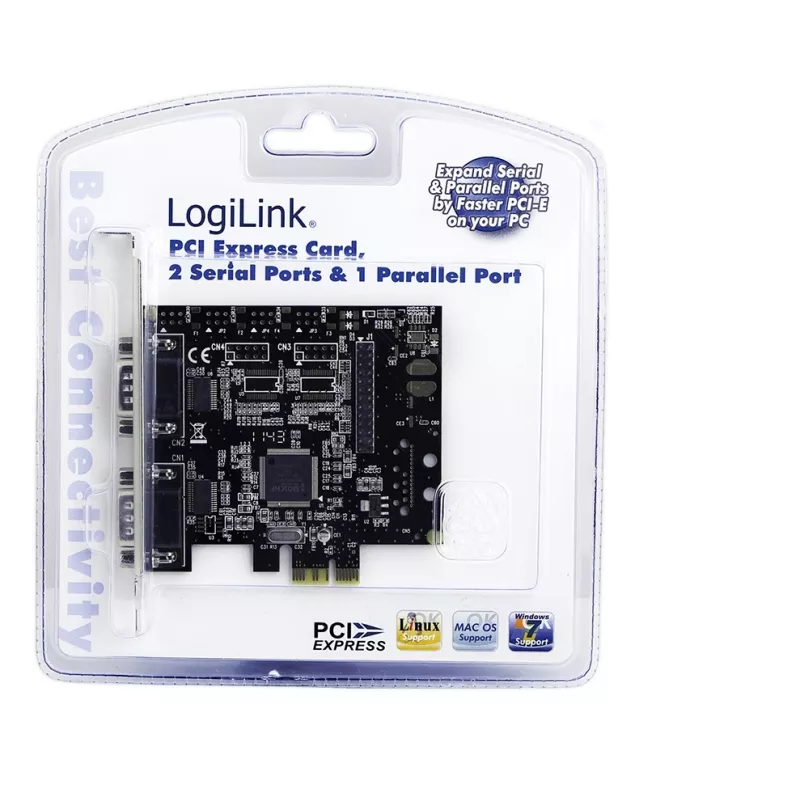 Vidinė PCIe sąsajos plokštė LOGILINK PC0033 su nuosekliaisiais ir lygiagrečiaisiais išėjimais, NetMOS mikroschemų rinkinys