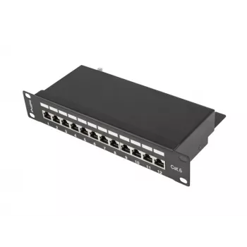 Pertaisymo skydelis LANBERG PPF6-9012-B — 12 prievadų RJ45, metalinis, juodas, 1U (215×44,5×130 mm)