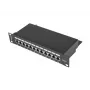 Pertaisymo skydelis LANBERG PPF6-9012-B — 12 prievadų RJ45, metalinis, juodas, 1U (215×44,5×130 mm)