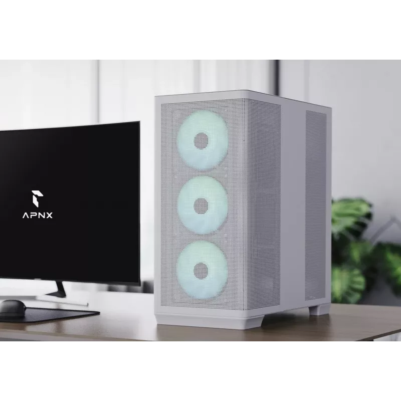 APNX PC Midi Tower C1-R-WT-v1 — Balta, palaiko ATX/Micro-ATX/Mini-ITX, sumontuoti 3x120 mm priekiniai ventiliatoriai, 3x3,5 colio + 3x2,5 colio lizdai, USB 3.2 Gen1 x2