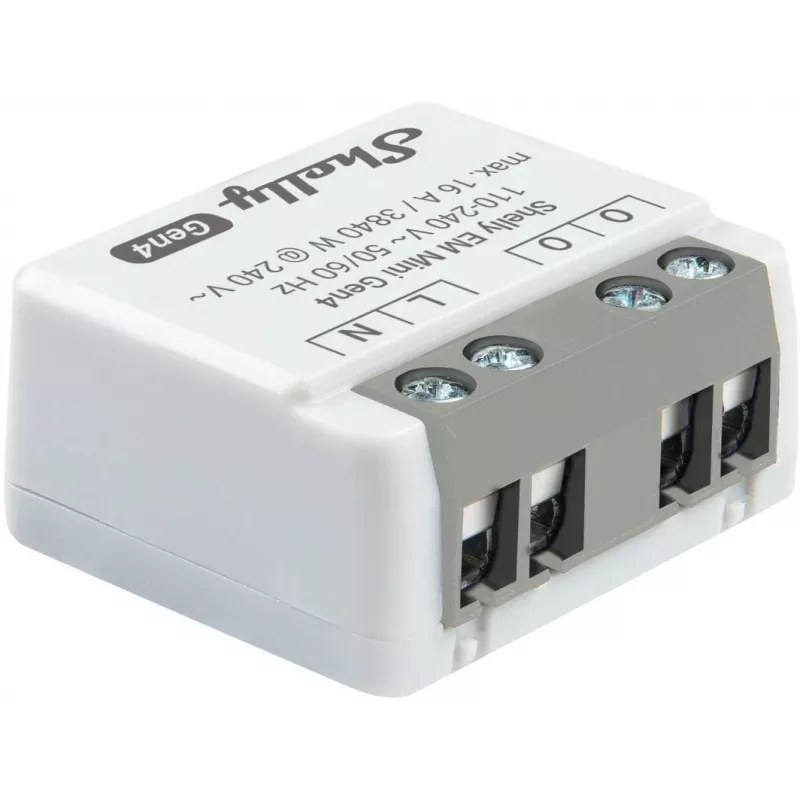Išmanioji relė „Shelly Relay EM Mini Gen4“ 1 kanalo „Wi‑Fi“, „Matter“, „Zigbee“, „Bluetooth“ 8 A, 110–240 V, energijos matuoklis