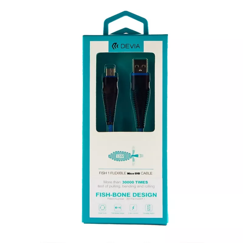 USB Micro-B laidas Devia Fish 1 Series 5V 2.4A 1.5m Mėlynas