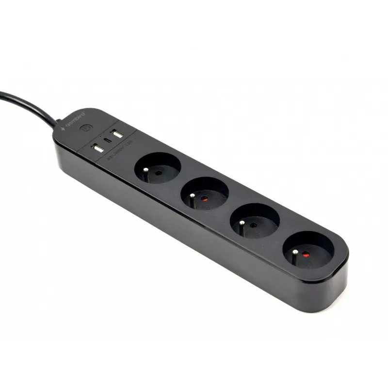 Maitinimo šakotuvas GEMBIRD TSL-PS-F4U-02 su 4 PL lizdais ir USB įkrovikliu, juodas
