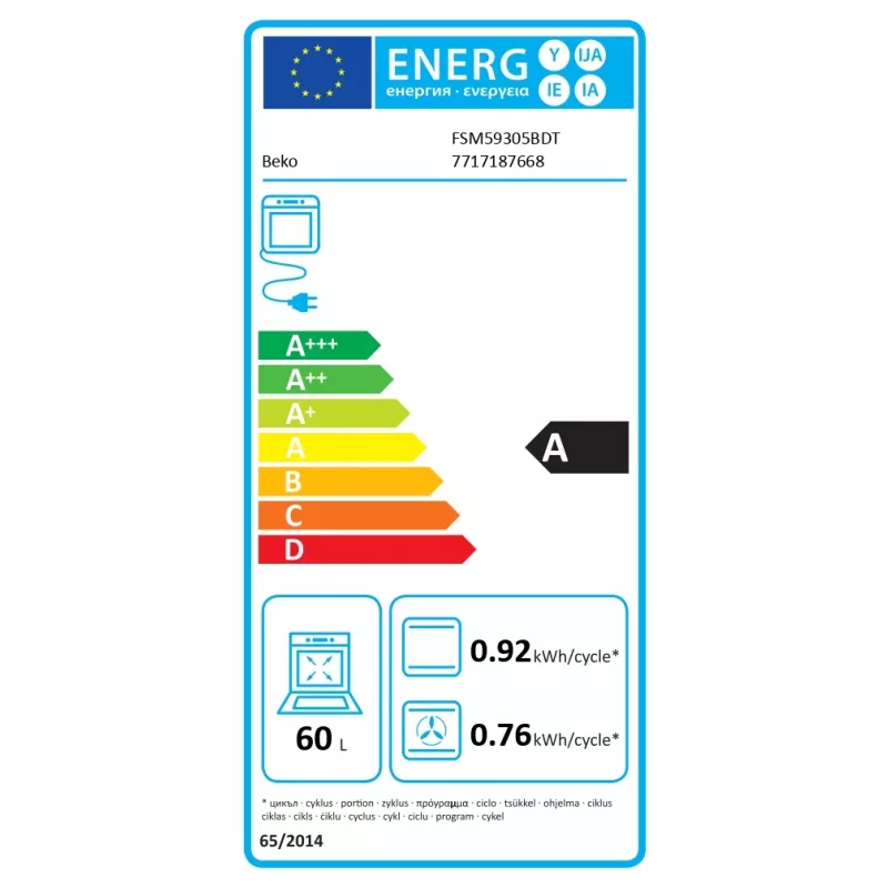Indukcinė viryklė su elektrine orkaite Beko FSM59305BDT, 60 l, 50 cm pločio, juoda, A energijos klasė, 4 zonų greitoji indukcinė kaitlentė