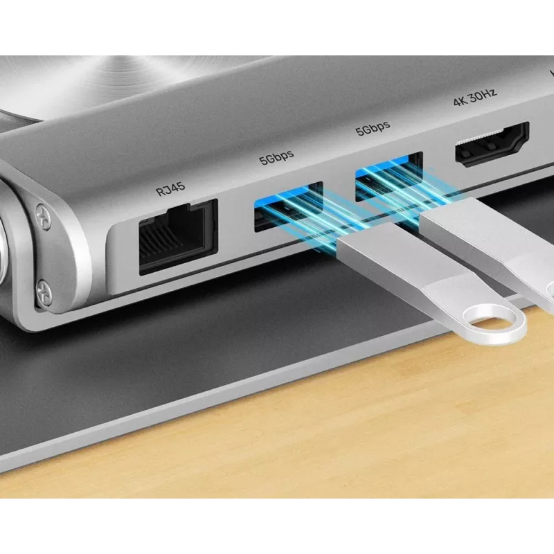 Nešiojamojo kompiuterio stovas Unitek D1109B01 — aliuminis reguliuojamas stovas su nuimamu USB‑C HDMI 4K PD 100W moduliu, iki 17 colių