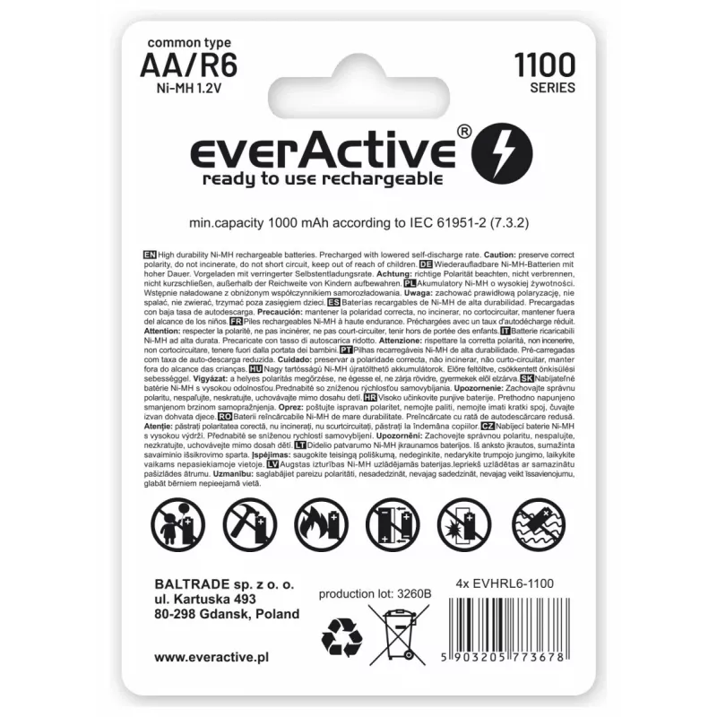 Įkraunamos NiMH baterijos everActive EVHRL6-1100 1,2 V 1100 mAh — 4 vnt., cilindrinės