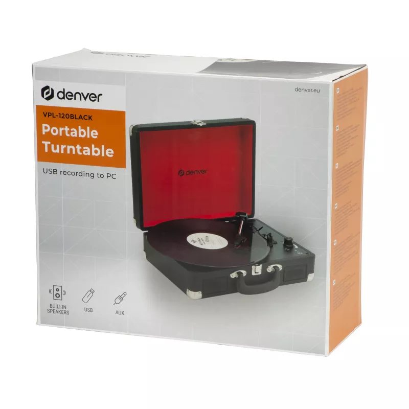 Denver VPL-120Juoda juostinė USB patefono sistema su įmontuotais garsiakalbiais