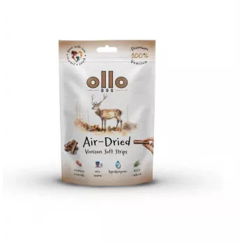 Šunų skanėstai „OLLO Air-Dried Venison Strips“ 80 g — vienos sudedamosios dalies hipoalerginiai elnienos skanėstai šunims