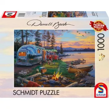 Dėlionė schmidt spiele 58533 — 1000 vnt., 'Idiliška stovyklavietė prie ežero' peizažinė iliustracija