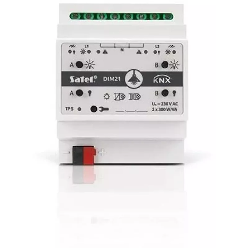 Satel KNX-DIM21 išmaniojo namo pavara, montuojama ant DIN bėgelio, pritemdymo pavara